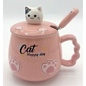 Cat Happy Day Novelty Ceramic Coffee/Tea Mug Cat Lid Spoon Pink White (3pc)